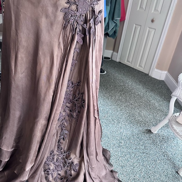 Strapless Brown Embroidered Silk Evening Gown - Picture 4 of 6